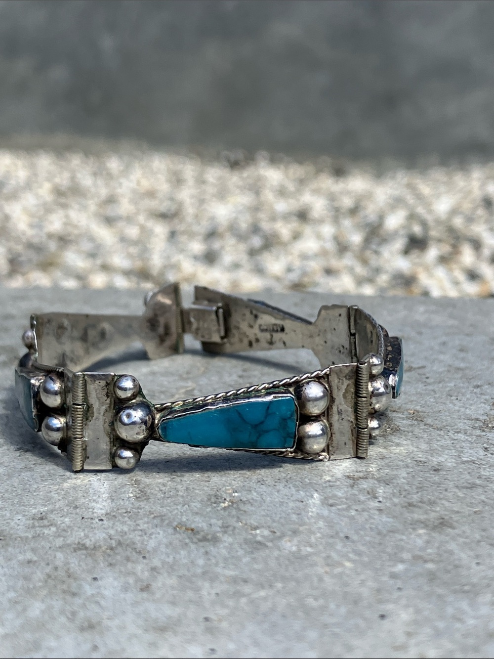 Delightful Vintage Taxco Silver and Turquoise Lightweight Panel Bracelet